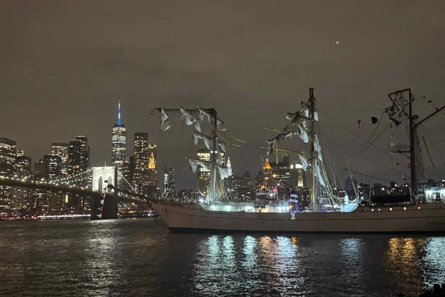 A Mexican Navy training ship is seen damaged after it ran into the Brooklyn Bridge in New York City, U.S., May 17, 2025.