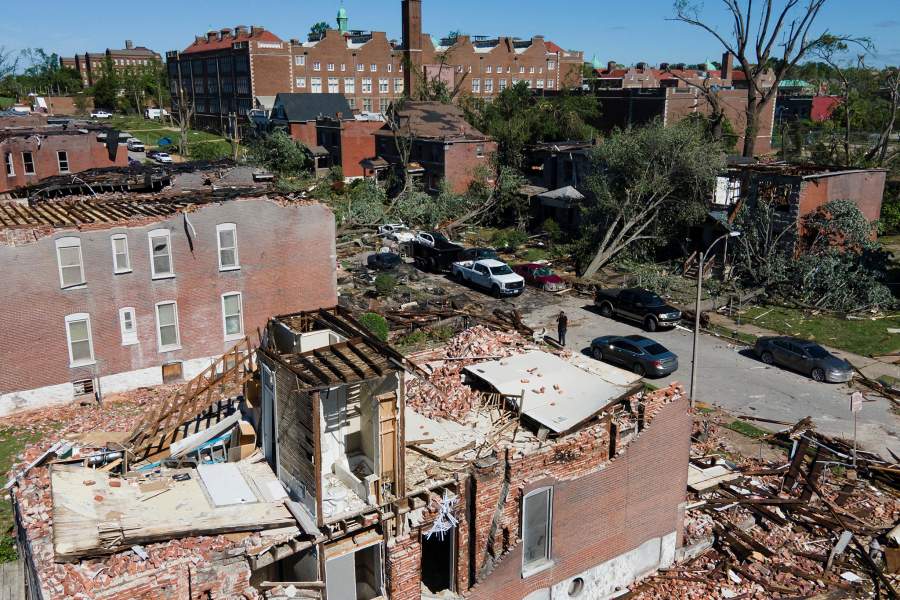 A drone view shows houses damaged after a tornado struck in St. Louis, Missouri, U.S., May 17, 2025