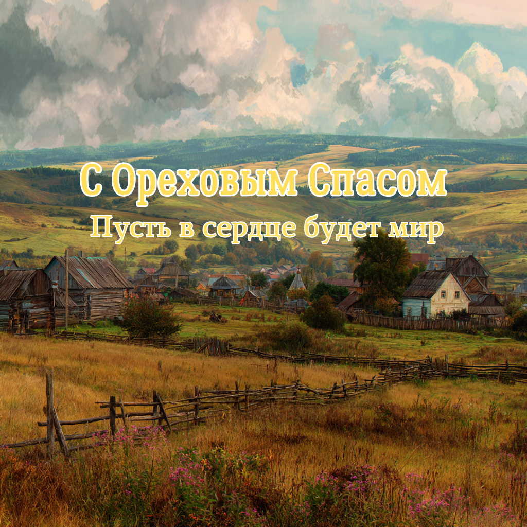 Фотооткрытка с деревенским пейзажем — поздравление к Ореховому спасу