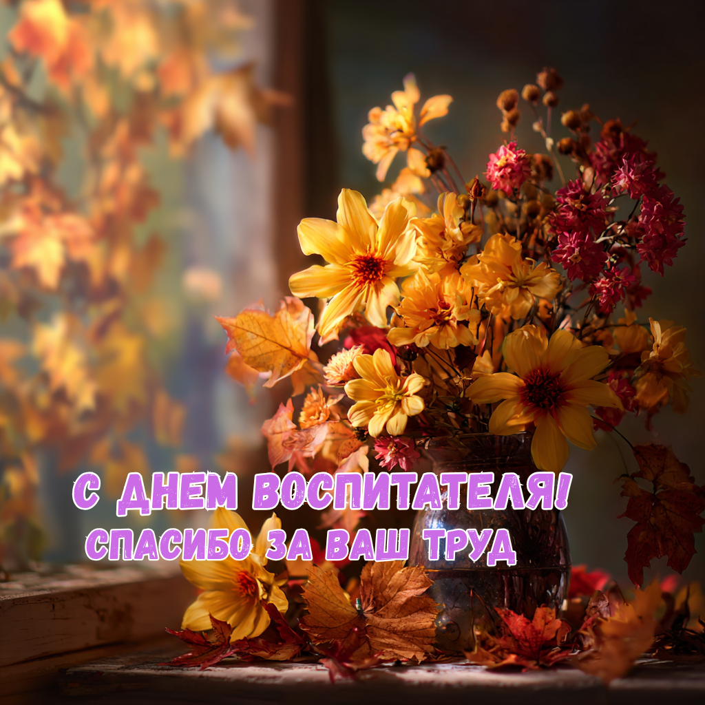 Осенняя картинка с букетом цветов и теплыми словами воспитателю