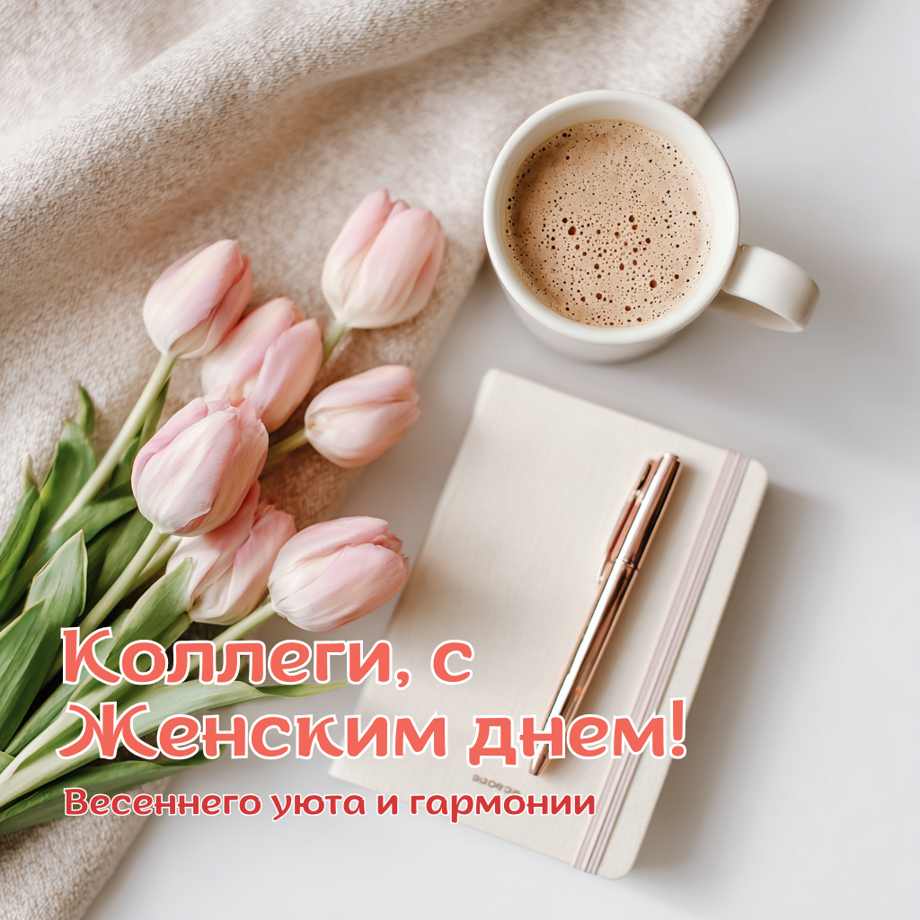 Международный женский день — открытка для коллегам в чат: весеннего настроения и уюта  