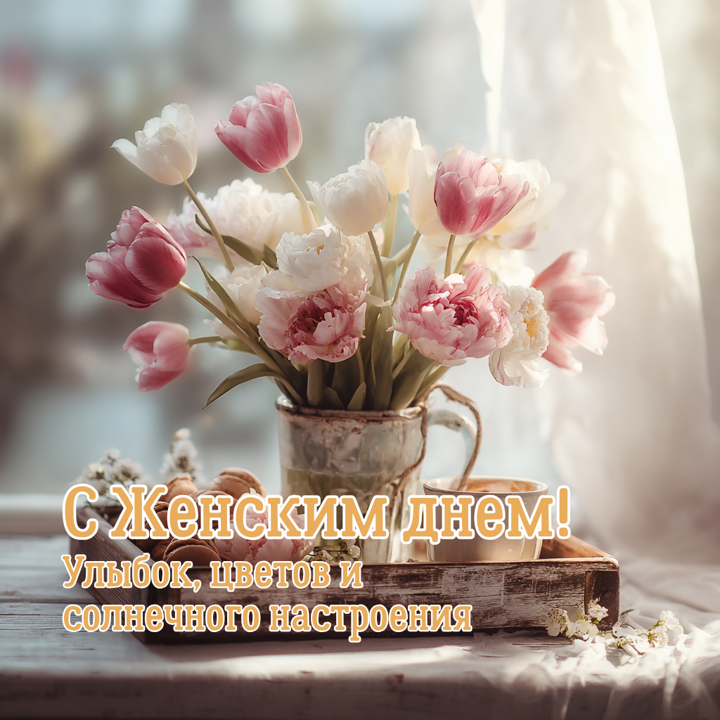 Чудесная картинка в Женский день 8 марта — улыбок, цветов и отличного настроения  