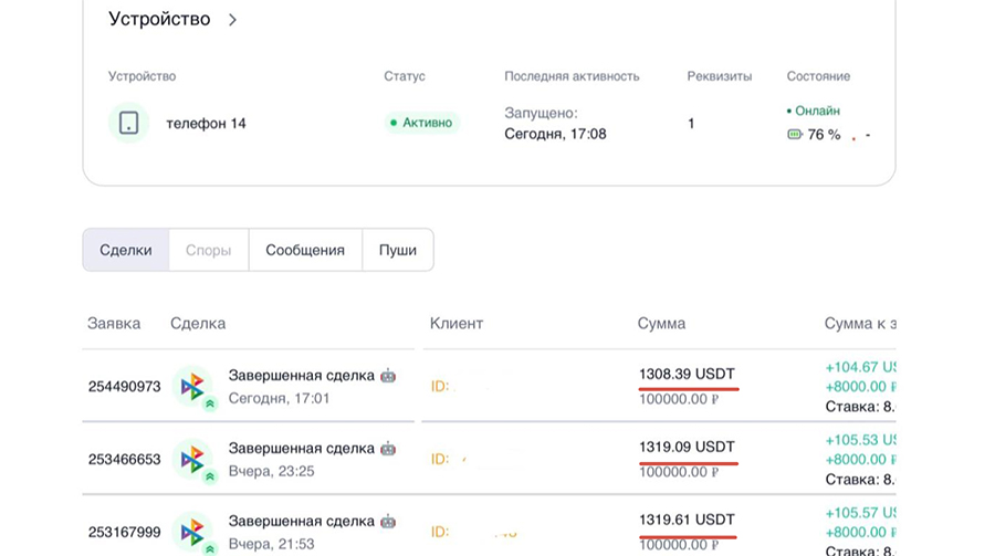 Внутренний интерфейс панели одной из мошеннических P2P-площадок для вывода денег