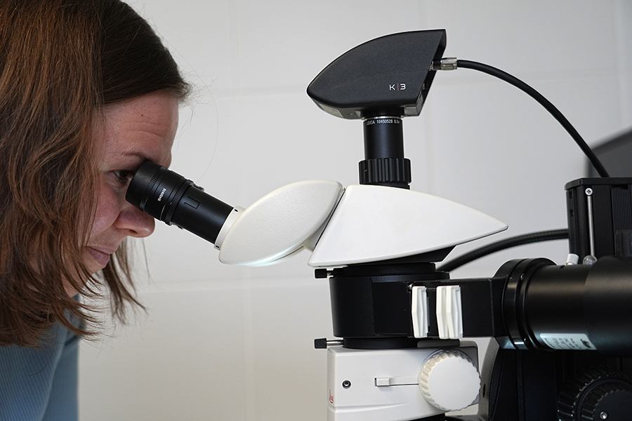 Женщина смотрит в микроскоп