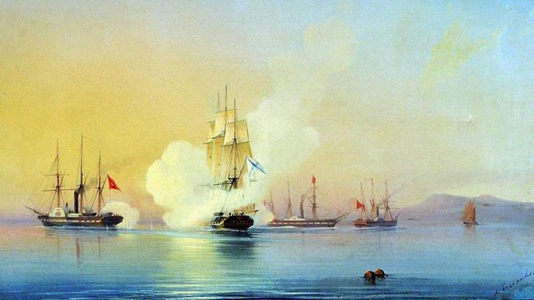 Картина Алексея Боголюбова «Бой 44-пушечного фрегата Флора с тремя турецкими пароходами у мыса Пицунда 9 ноября 1853 года»