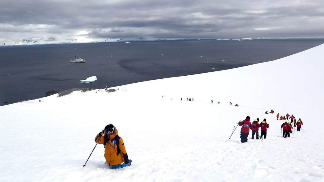 Туристы совершают поход на остров Орн в Антарктиде
