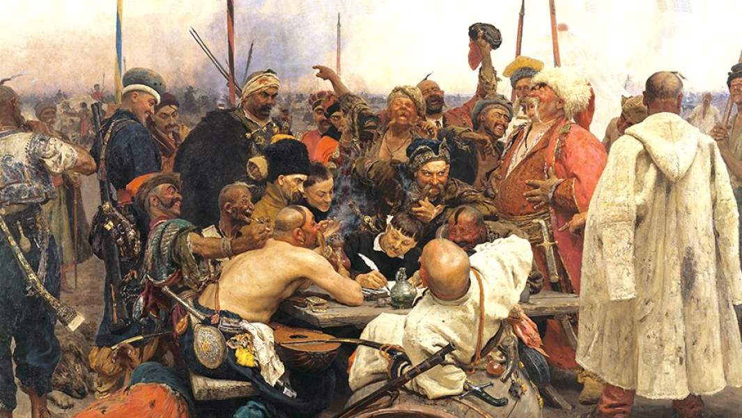 Картина Ильи Репина «Запорожцы пишут письмо турецкому султану». Для хохочущего казака в белой папахе и красной свитке позировал Гиляровский