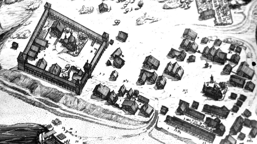 План-макет древнего города Мангазеи, реконструированный по документам XVII века и на основании данных археологической разведки на побережье Тазовской губы