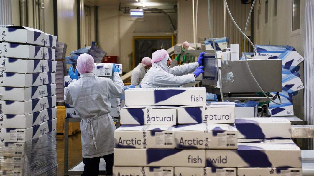 Работники в цехе рыбоперерабатывающей фабрики