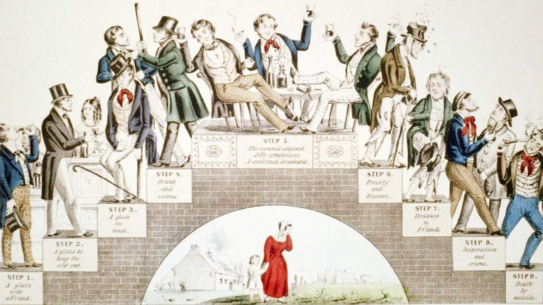 Эволюция пьяницы. Литография Натаниэля Керрье, поддерживающая движение воздержания, 1846 г.