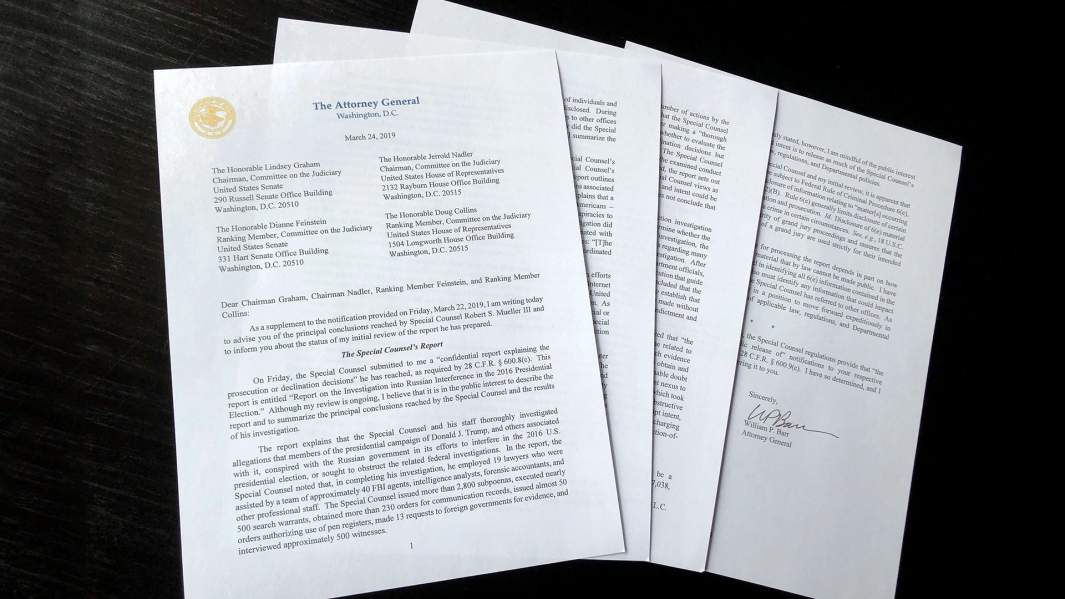 Письмо генерального прокурора США Уильяма Барра лидерам конгресса США о выводах доклада специального советника Роберта Мюллера о вмешательстве России в выборы 2016 года