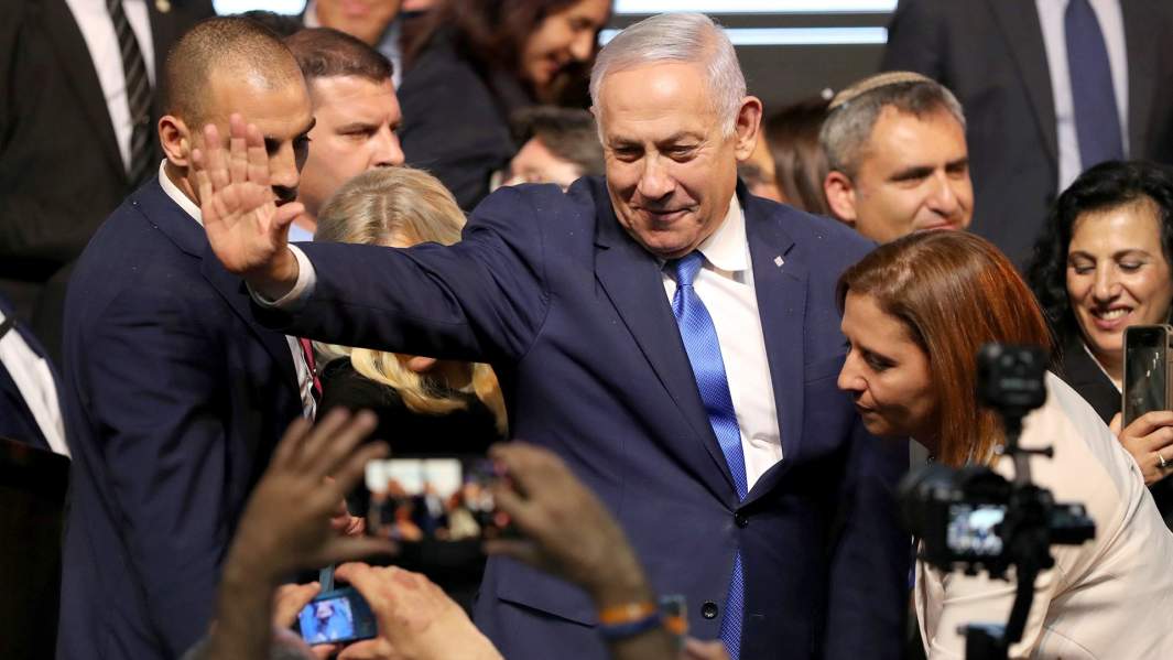 Премьер-министр Израиля Биньямин Нетаньяху после объявления предварительных результатов парламентских выборов в штаб-квартире партии