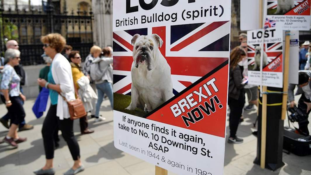 Плакаты в поддержку Brexit у здания парламента в Лондоне