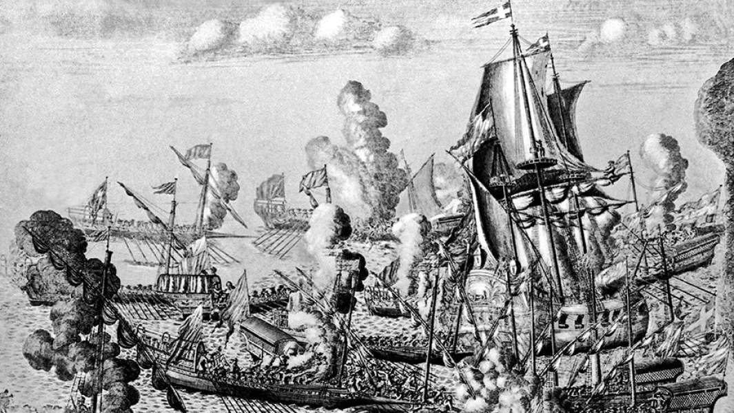 Гравюра «Морское сражение русского гребного флота при Гангуте»