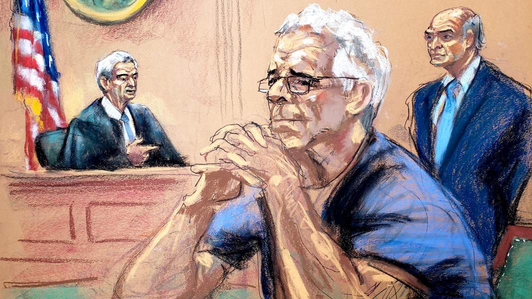 Финансист США Джеффри Эпштейн  во время слушания по его делу о торговле людьми, наброск в суде, Нью-Йорк