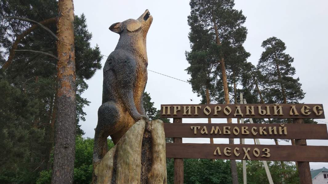 Резная фигура лесного зверя в пригородном лесу 