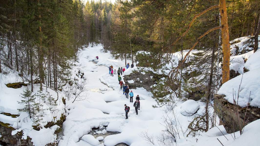 Туристы поднимаются на склон горы Иремель