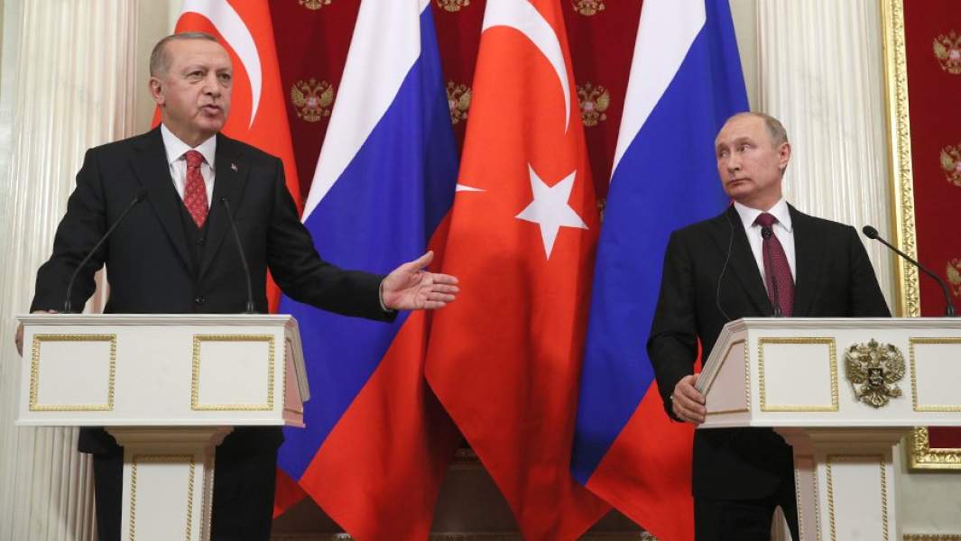 Президент РФ Владимир Путин и президент Турции Реджеп Тайип Эрдоган во время совместной пресс-конференции по итогам встречи. 23 января 2019 года