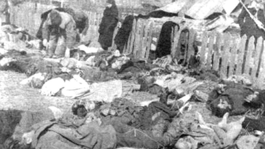 Свезенные на идентификацию и похороны трупы поляков – жертв Волынской резни. 26 марта 1943 года