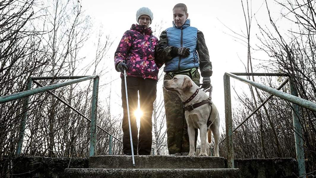 Инструктор школы подготовки собак-проводников Всероссийского общества слепых обучает слабовидящую женщину работе с собакой-поводырем