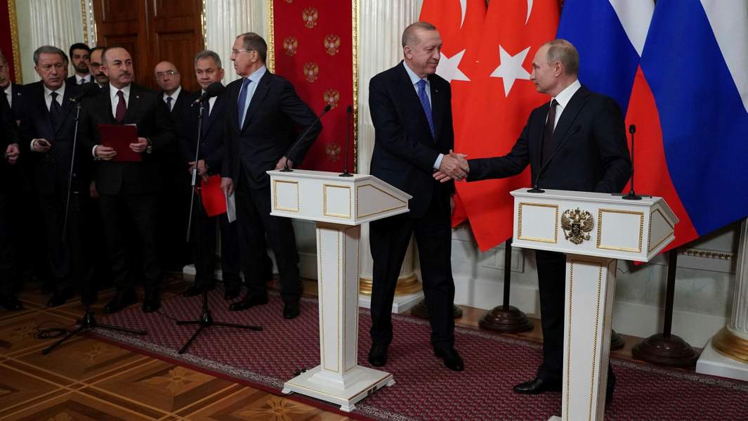 Владимир Путин и президент Турции Реджеп Тайип Эрдоган во время пресс-подхода по итогам российско-турецких переговоров. 5 марта 2020 года