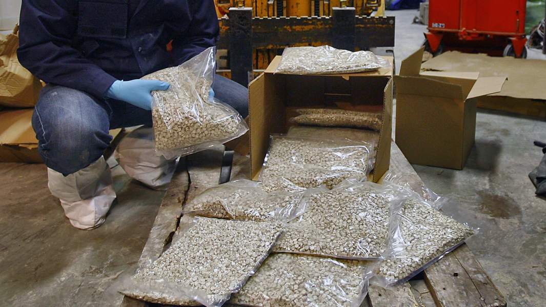 Сотрудник полиции рядом с полиэтиленовыми пакетами с таблетками экстази в обнаруженной лаборатории экстази в Нидерландах 