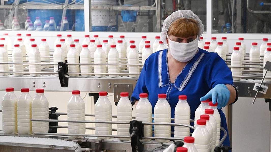 Сотрудница на линии производства молочной продукции на предприятии в Ростове-на-Дону
