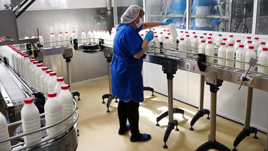 Сотрудница на линии производства молочной продукции предприятия 