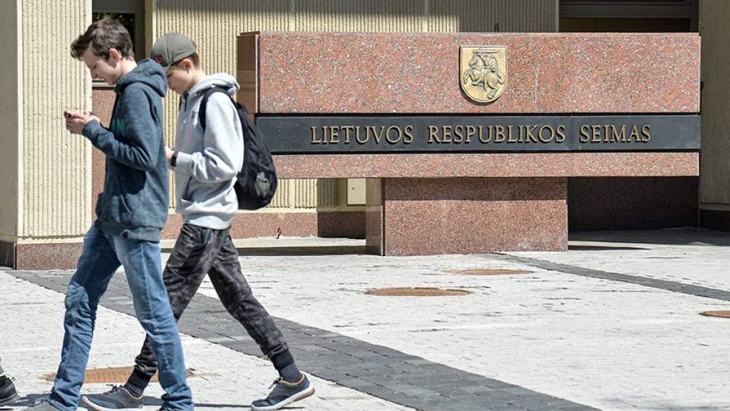 Юноши у здания высшего законодательного органа Литвы — сейма Литовской Республики в Вильнюсе