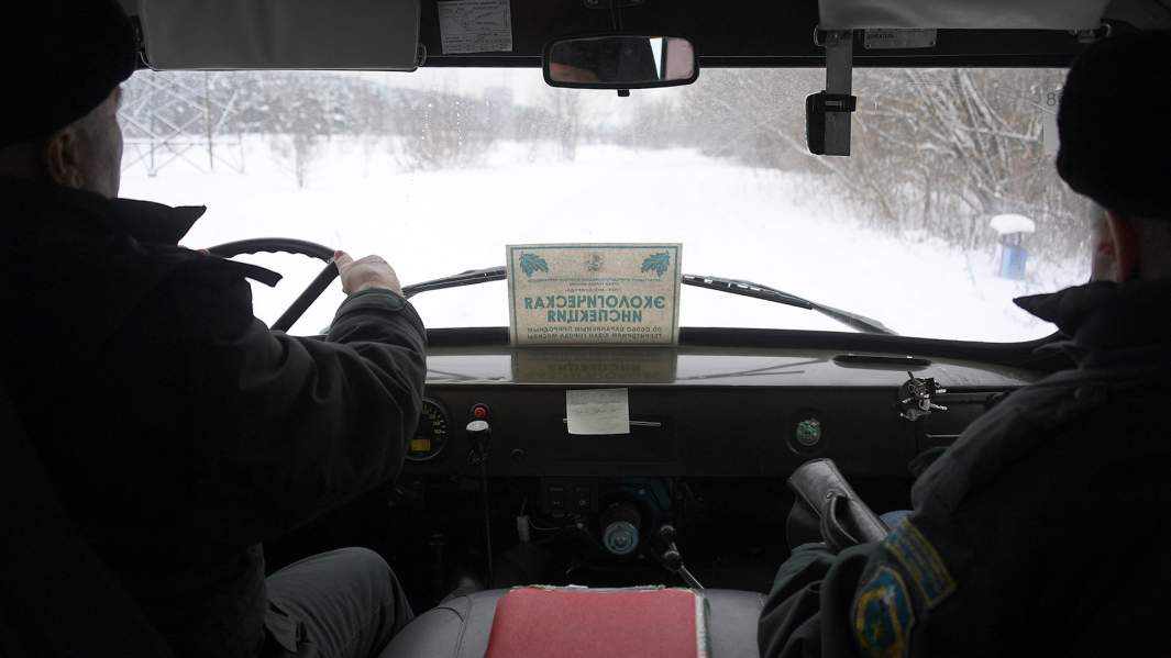 Государственные инспекторы в области охраны окружающей среды на ООПТ во время рейда по незаконной вырубке елок в парке "Кузьминки" в Москве