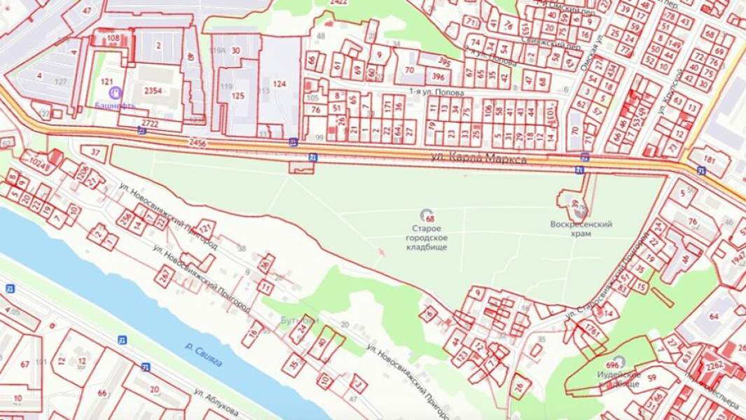 «Воскресенский некрополь» и прилегающие постройки на карте города