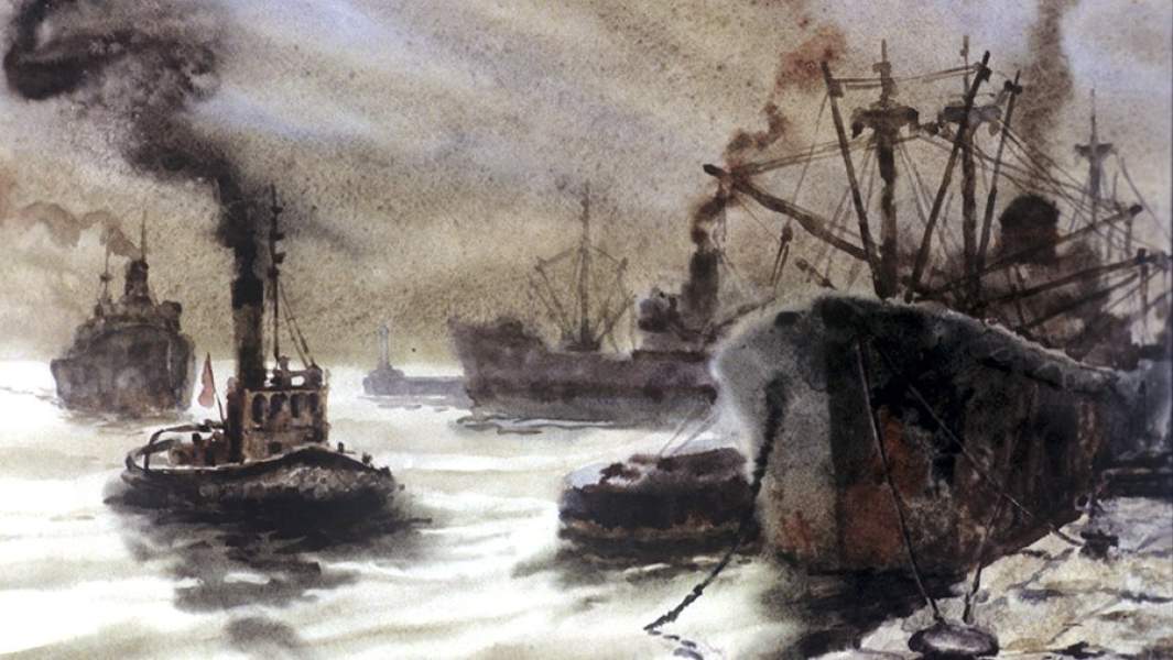 Репродукция картины художника-мариниста, капитана дальнего плавания Георгия Челака «Конвой в Мурманском порту»