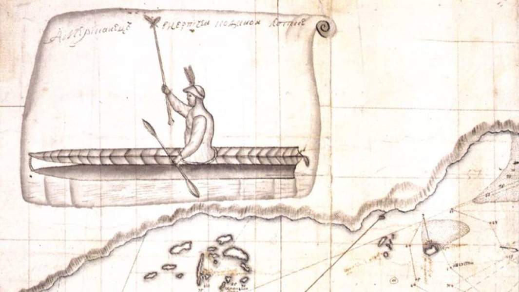 Встреча русских с алеутами. Рисунок Свена Вакселя