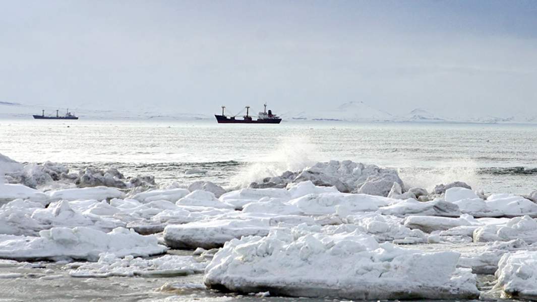 Вид на залив Корфа Берингова моря. Корабли в рейсе для доставки грузов в рамках программы «Северный завоз»