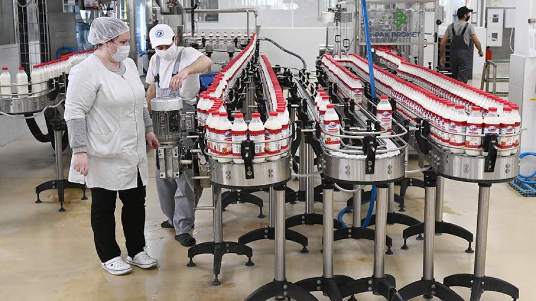 Сотрудники на линии производства молочной продукции
