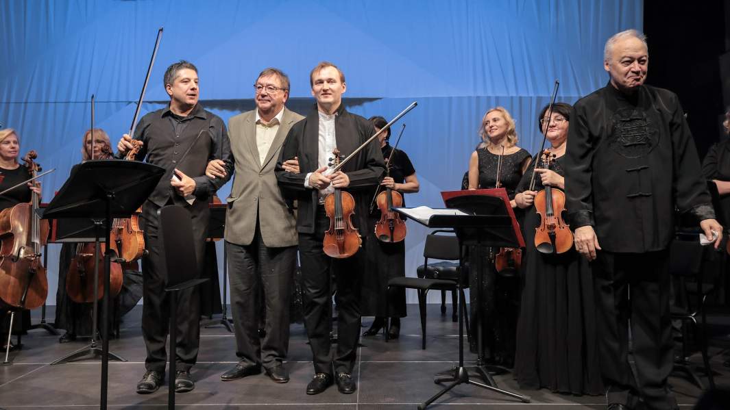 Назар Кожухарь, Александр Чайковский и Никита Борисоглебский на концерте цикла «Я - композитор!» в Зарядье 
