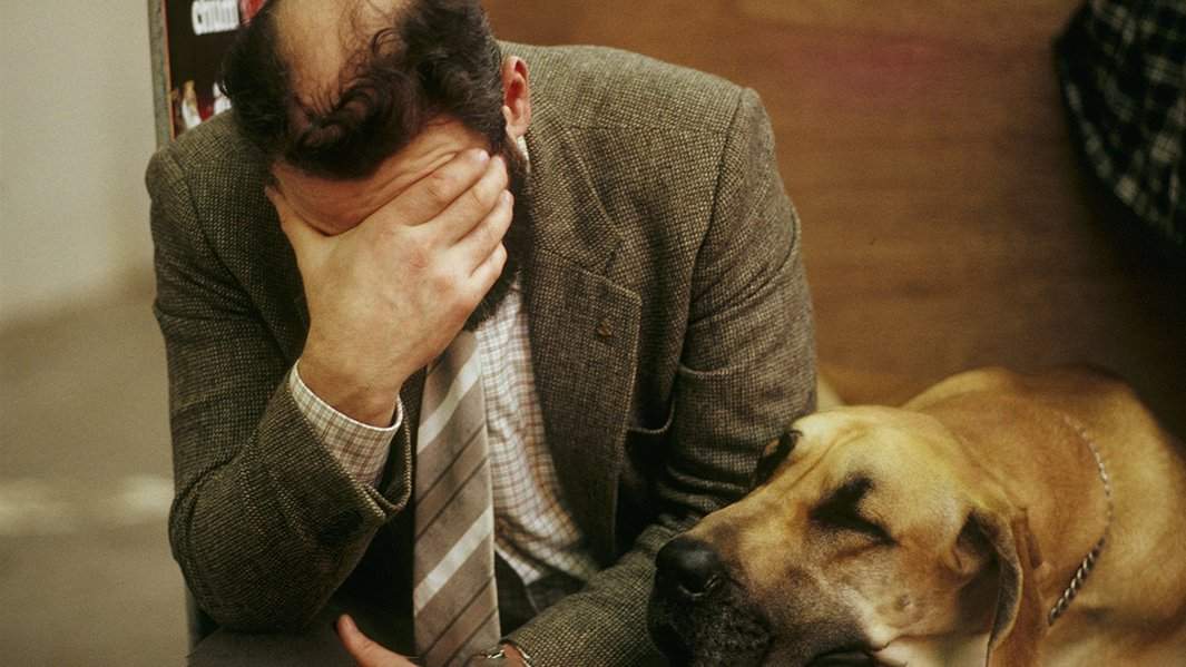 Уставший человек с собакой