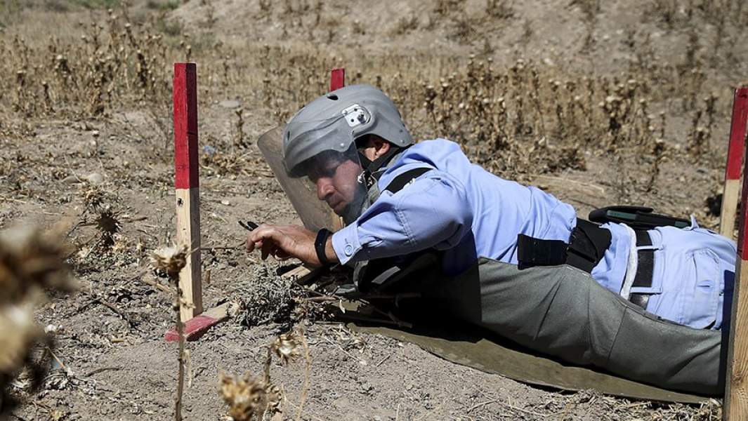 Сапер Азербайджанского национального агентства по разминированию территории Азербайджана (АНАМА) во время демонстрации работы по разминированию в Физулинском районе