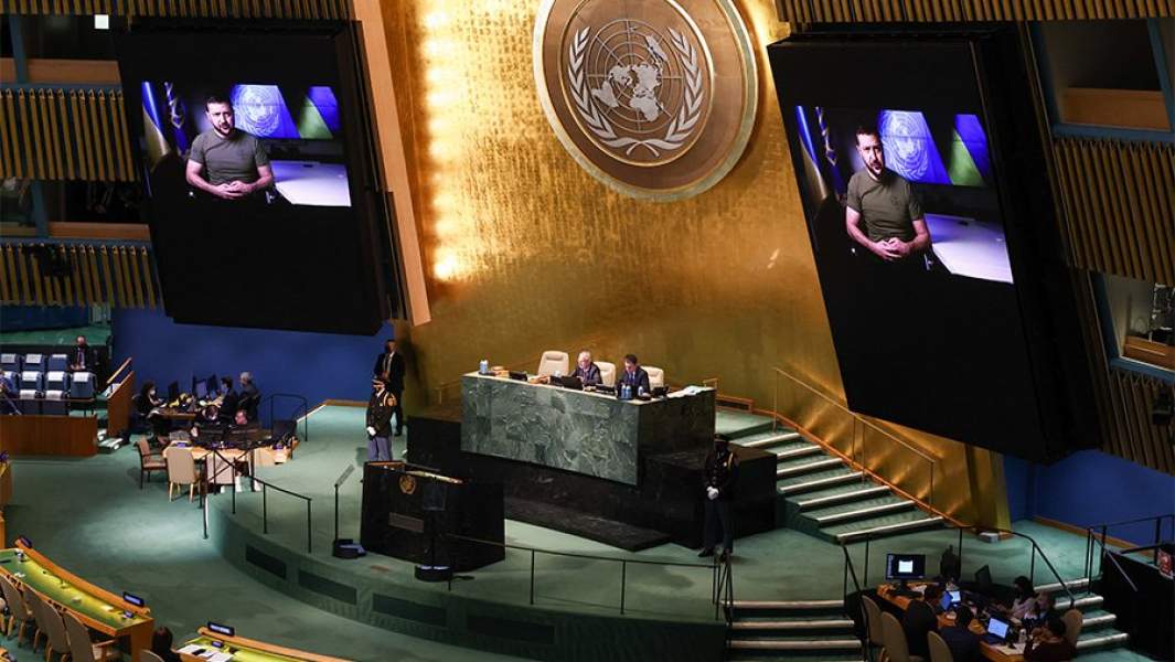 Президент Украины Владимир Зеленский во время выступления на 77-й сессии Генеральной Ассамблеи ООН