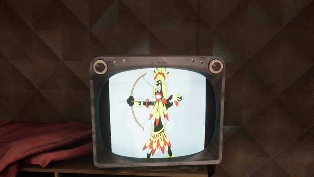 Фигура чернокожего аборигена с луком, появляющаяся на экране телевизора в комнате сохранения