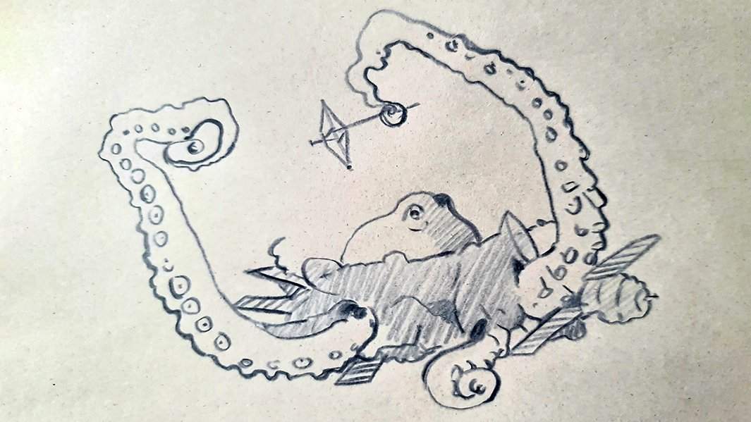 Набросок осьминога, выполненный карандашом