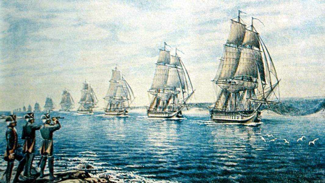 Картина художника Е. Августиновича «Эскадра вице-адмирала Ф.А. Клокачева входит в Ахтиарскую бухту»