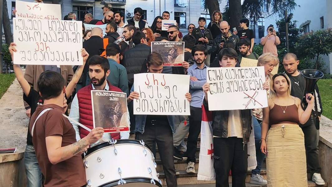 Участники акции протеста против возобновления авиасообщения с Россией в Тбилиси