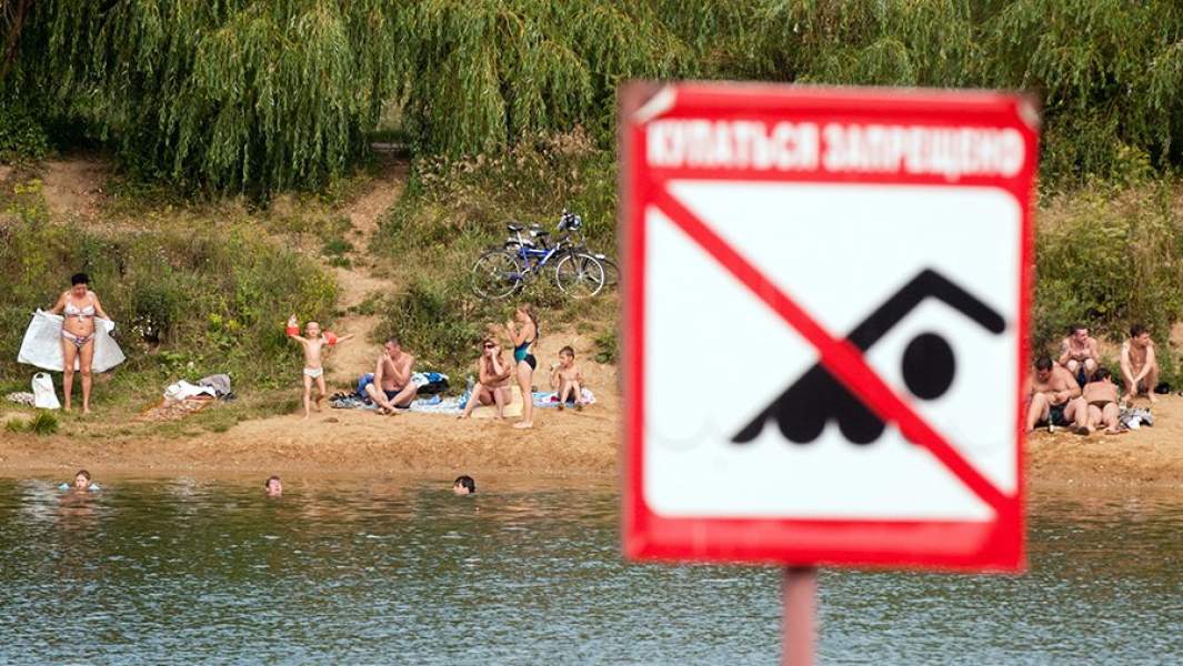 Отдыхающие купаются в пруду зоны отдыха