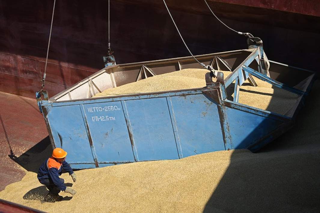 Погрузка экспортного зерна на суда у одного из причалов в дельте Дона