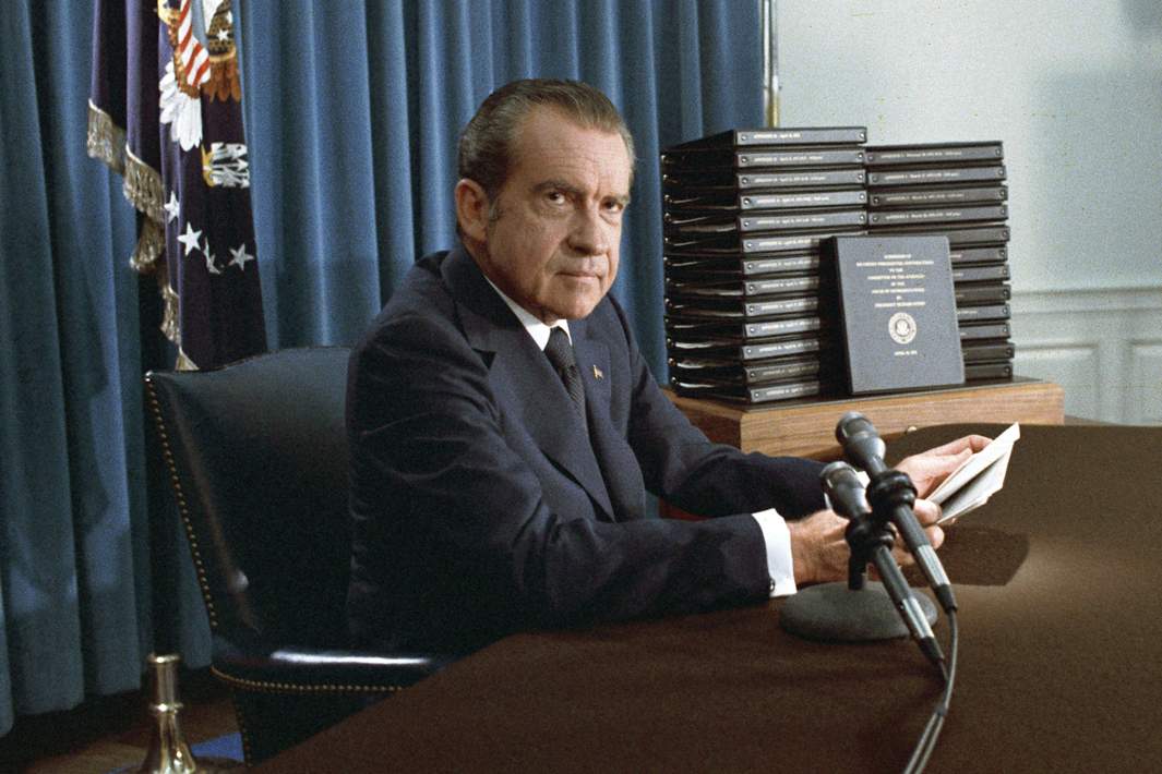 Ричард Никсон во время обращения к нации после процедуры импичмента. 1974 год