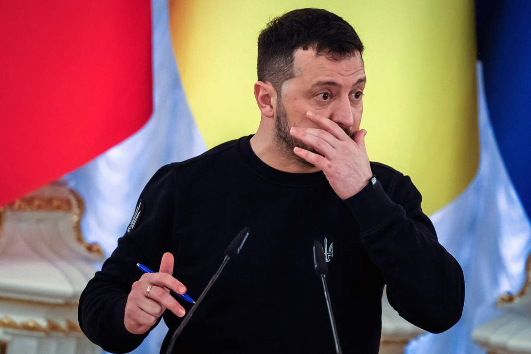 Президент Украины Зеленский во время совместной пресс-конференции с лидерами ЕС и Канады в Киеве. 24 февраля 2024 года