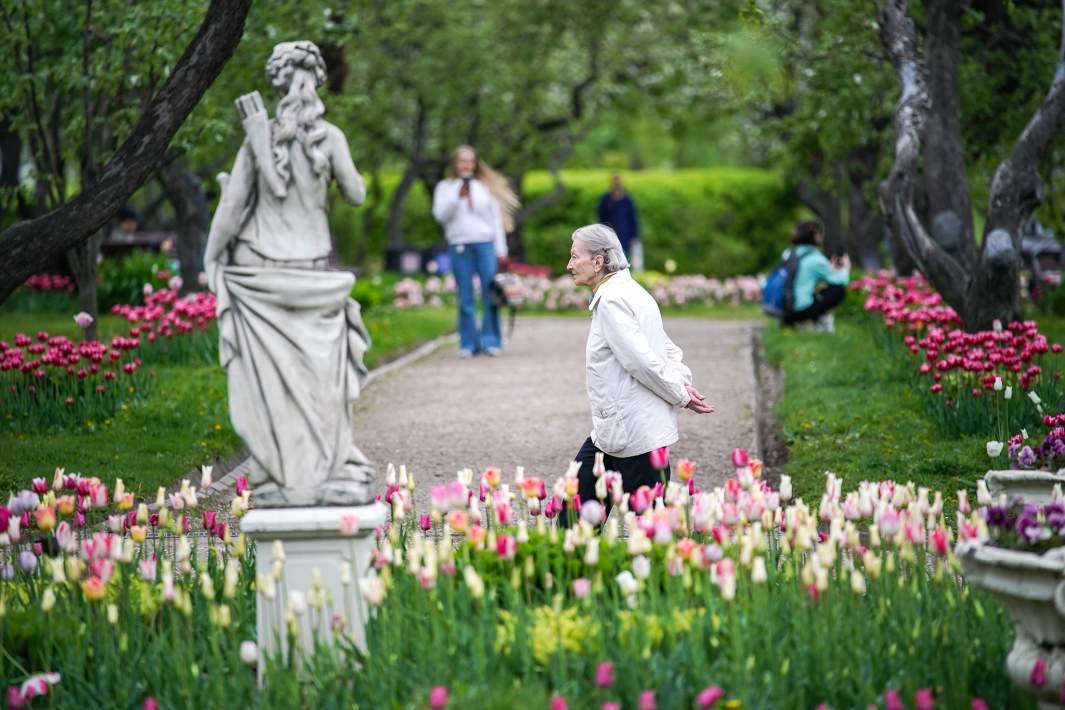 Пожилая женщина гуляет в парке