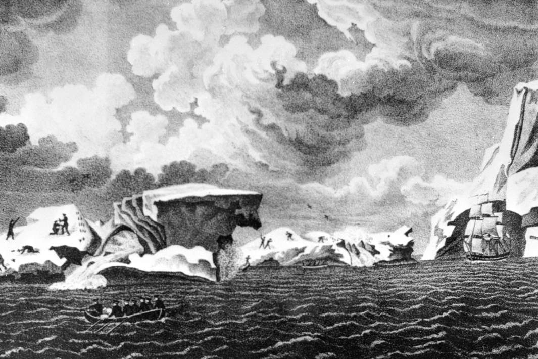 «Антарктические айсберги» – репродукция рисунка с натуры художника П. Михайлова – участника первой антарктической экспедиции на шлюпках «Восток» и «Мирный» под руководством Фаддея Беллинсгаузена и Михаила Лазарева