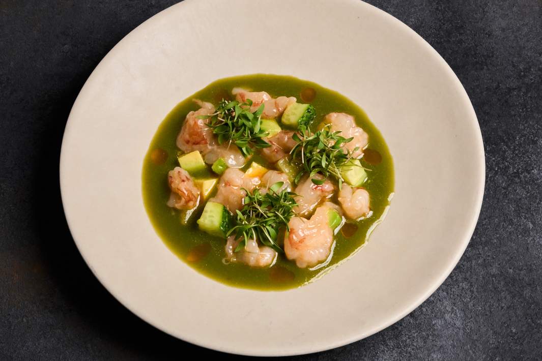 Эскабече из креветок, огурца, авокадо, кинзы и перцев